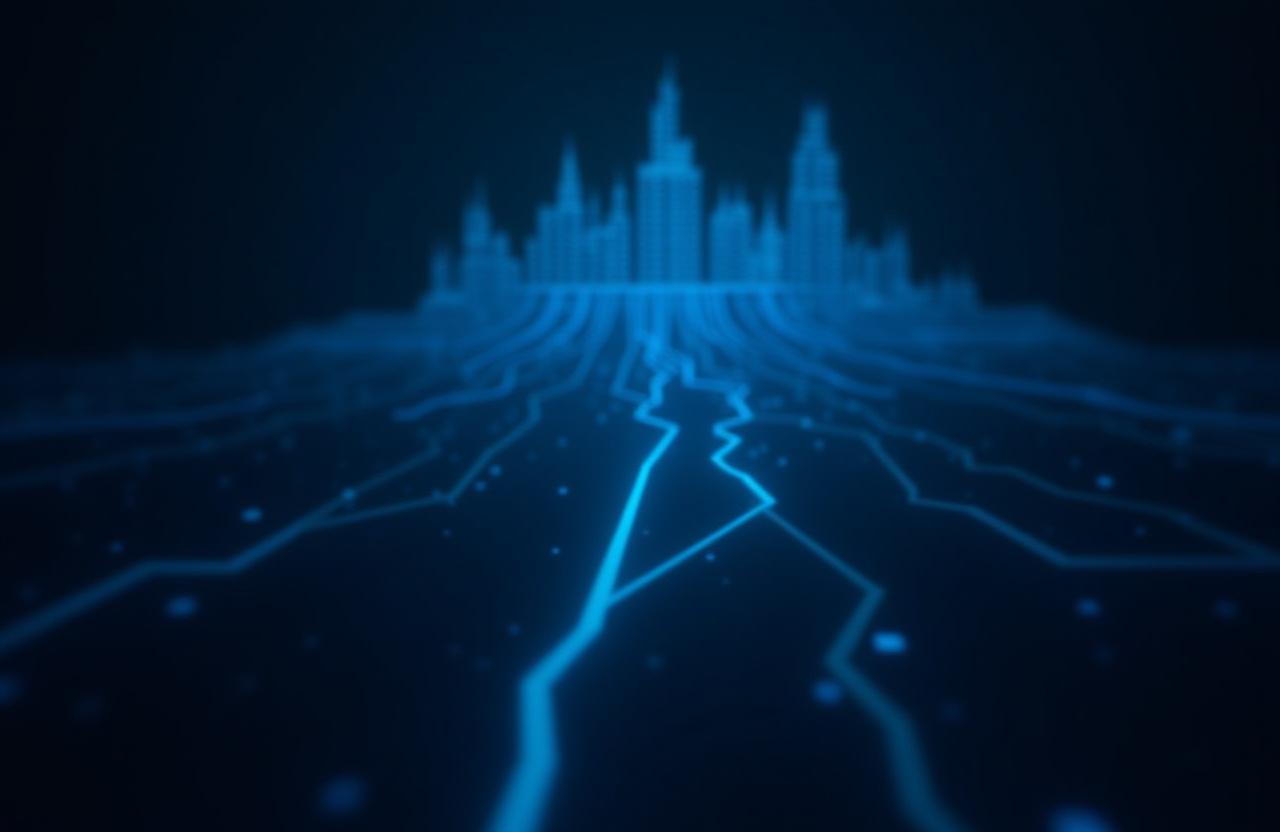 Abstract digital fortress with glowing blue circuit lines.